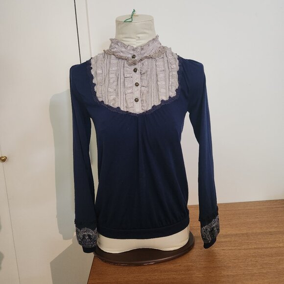 Axes Femme Tops - Axes Femme High ruffle collar Navy blue Victorian style shirt size M